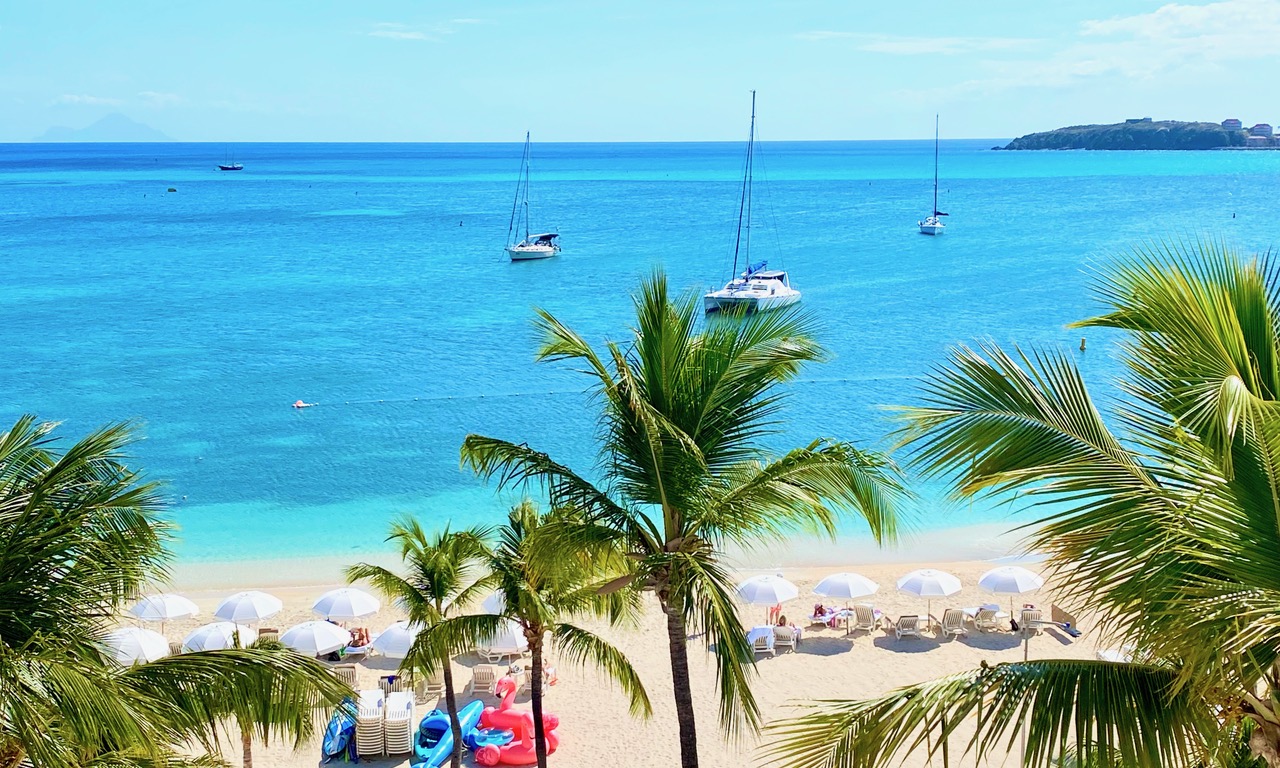 Great Bay Beach and the Caribbean Sea viewed from Holland House Beach Hotel.