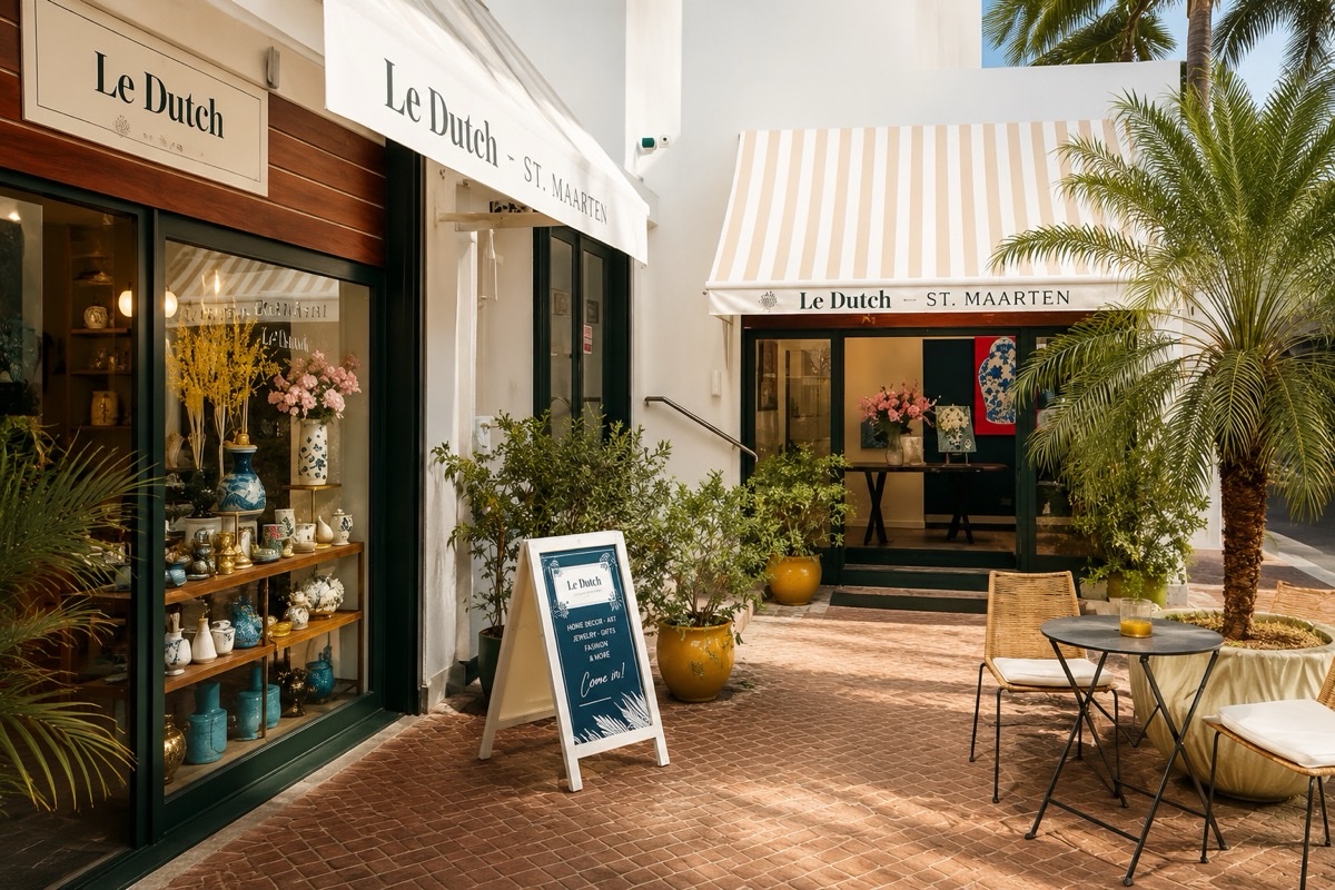 Le Dutch storefront and sunlit courtyard in St. Maarten.